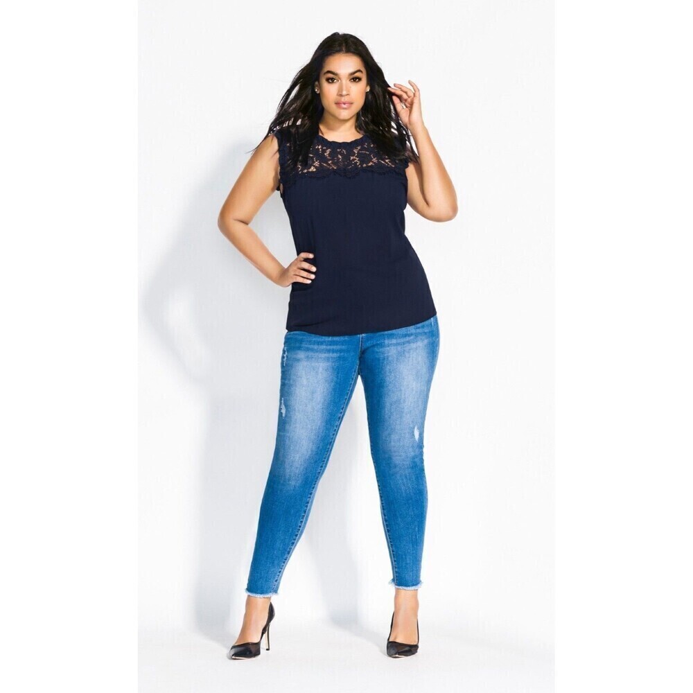 NWT CITY CHIC "Angel Lace Top" in Navy Blue Sleeveless Lace Bodice Blouse S/16 - Picture 4 of 9